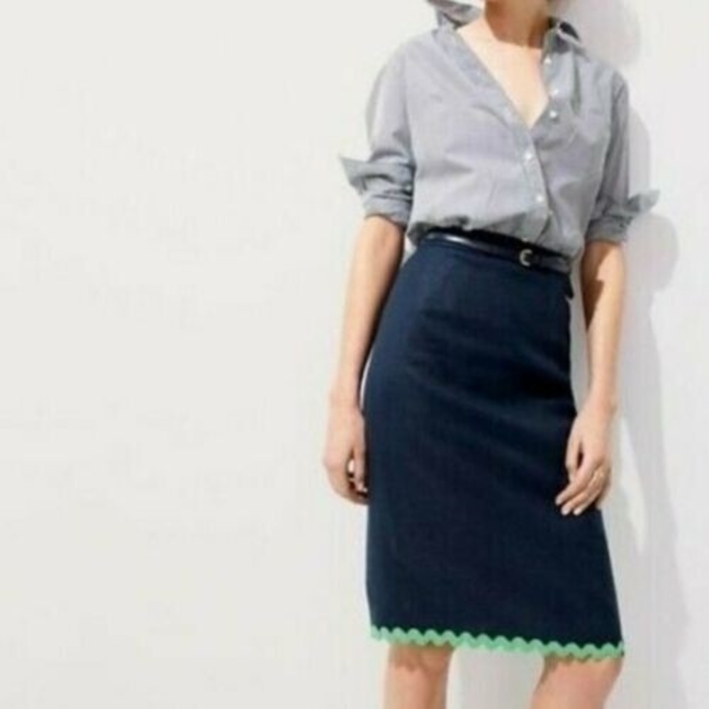 NWT J Crew Ric Rac Linen Pencil Skirt‎ Navy Green sz 2P  2 0 Preppy Classic